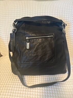 b. makowsky Black Leather Pebbled Hobo Bag with Silver Hardware